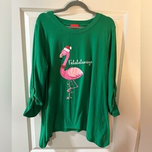 Joyland Green Flamingo Christmas Top. EUC